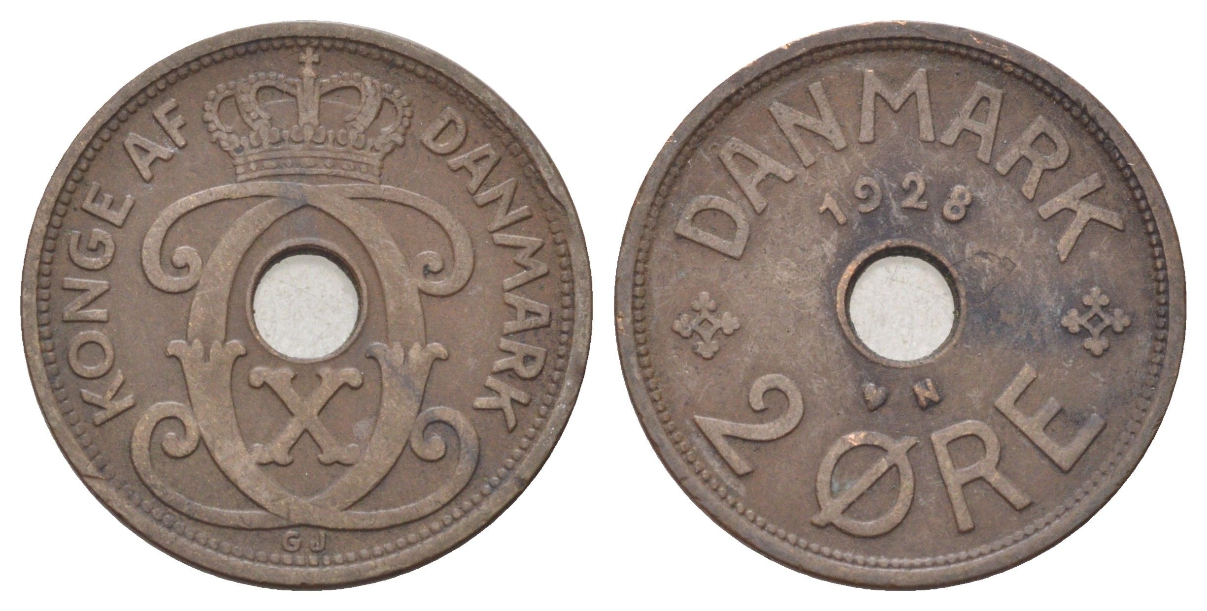 Дания 2 эре 1928 N, Кристиан X (1912-1947) KM 827 бронза 4701-715