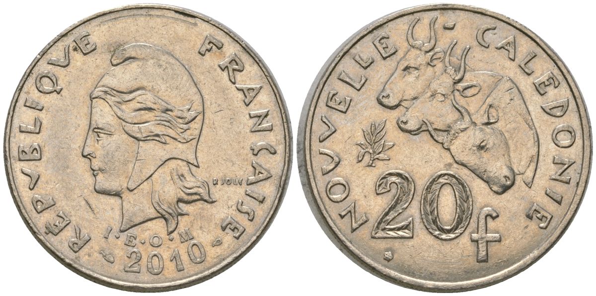 Французская Новая Каледония 20 франков 2010 три быка, (IEOM) KM 12a, Schoen 14a медно-никель 4137-123