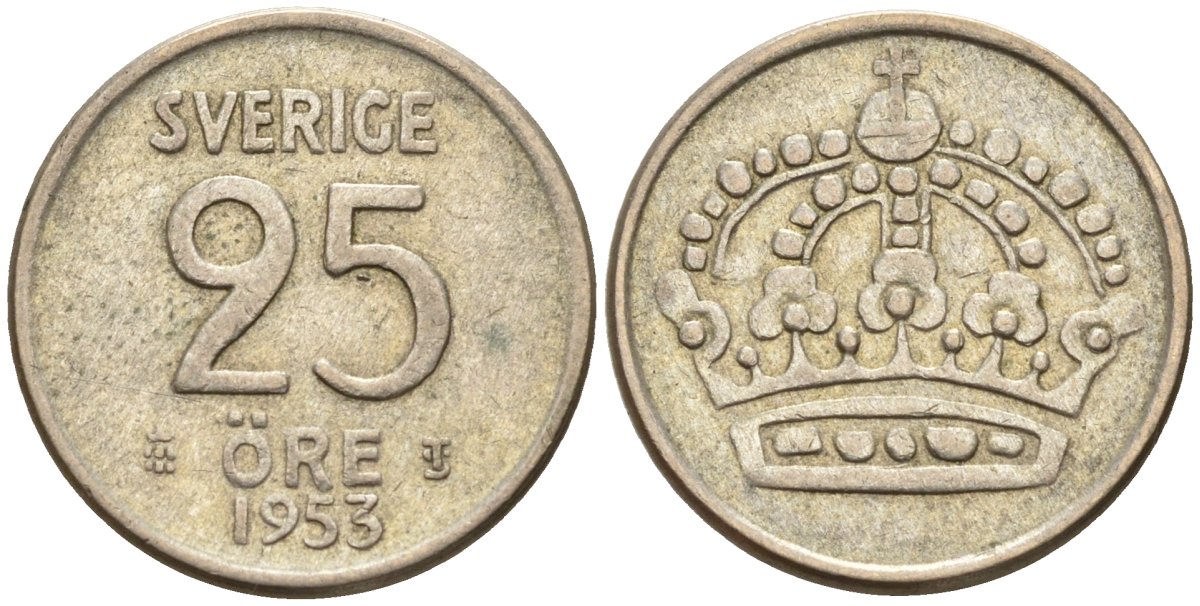 Швеция 25 эре 1953 TS, Густав VI Адольф (1950-1973) KM 824 серебро 4147-1035