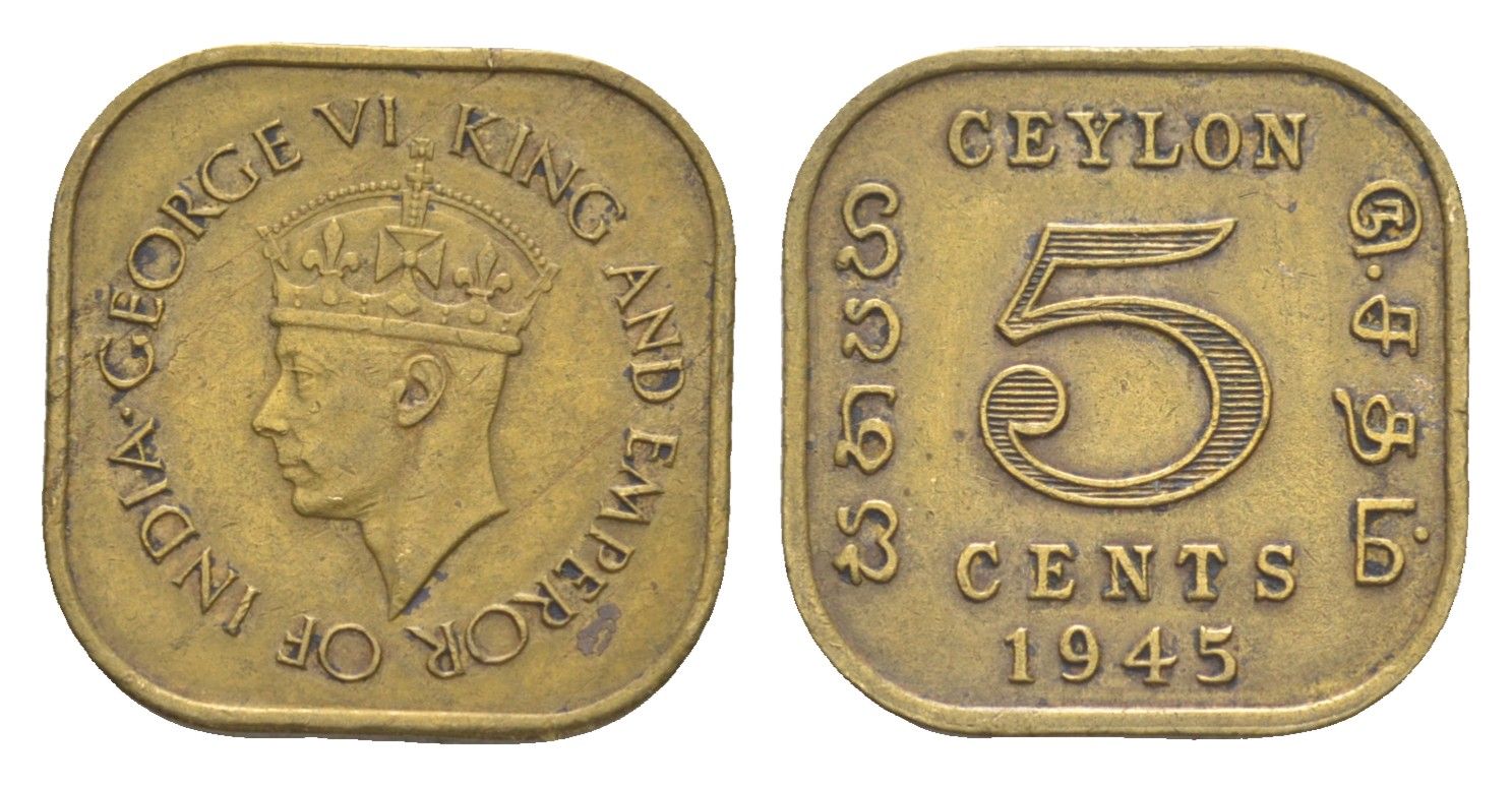 Цейлон 5 центов 1945 Георг VI (1936-1952) KM 113.2 никель латунь 4649-242