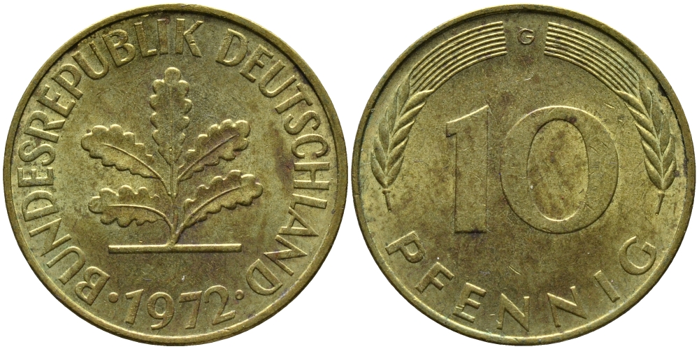 ФРГ 10 ПФЕННИГОВ 1972 G KM 108, J.383 сталь плакированная латунью 98-446