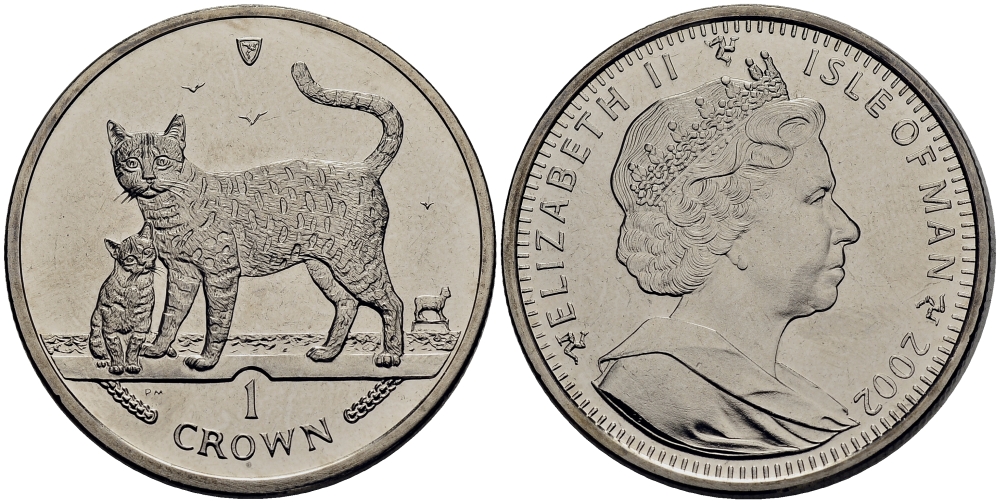 Остров Мэн 1 крона 2002 кошка и котенок КМ 1122 медно-никель UNC M80-20