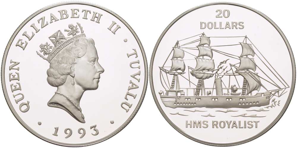 Тувалу 20 долларов 1993 HMS ROYALIST, парусник, корвет KM 18 серебро PROOF 1085-6-21