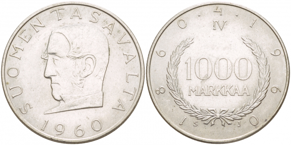 Финляндия 1000 марок 1960 S-J, 100 лет марочной системе Снеллмана (1860-1960) KM 43 серебро 650-245