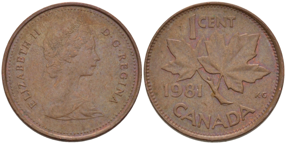 Канада 1 цент 1981 Елизавета II (1952-2022), кленовый лист KM 127 бронза 176-836