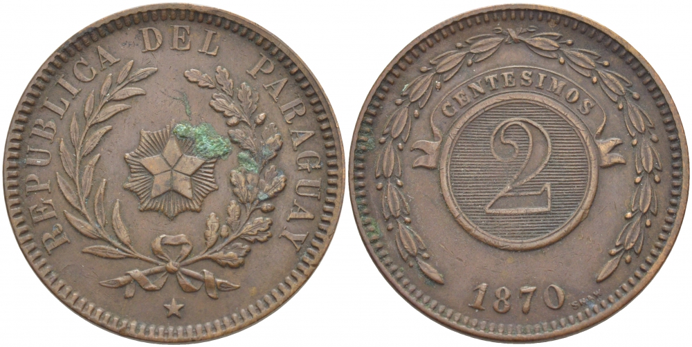 ПАРАГВАЙ 2 СЕНТЕСИМО 1870 KM 3 медь 1517-722