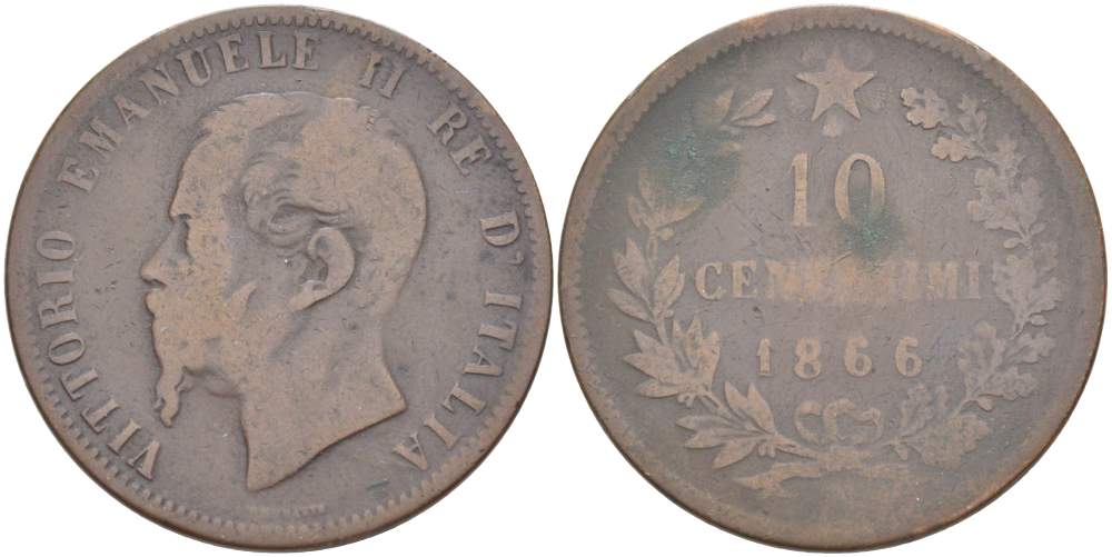 ИТАЛИЯ 10 ЧЕНТЕЗИМО 1866 N, МОНДВОР НЕАПОЛЬ, ВИКТОР ЭММАНУИЛ II (1861-1878) KM 11.4 медь 4526-826