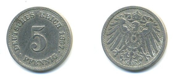 ГЕРМАНИЯ 5 ПФЕННИГОВ 1897 E, KM 11, J. 12 медно-никель 4379-511
