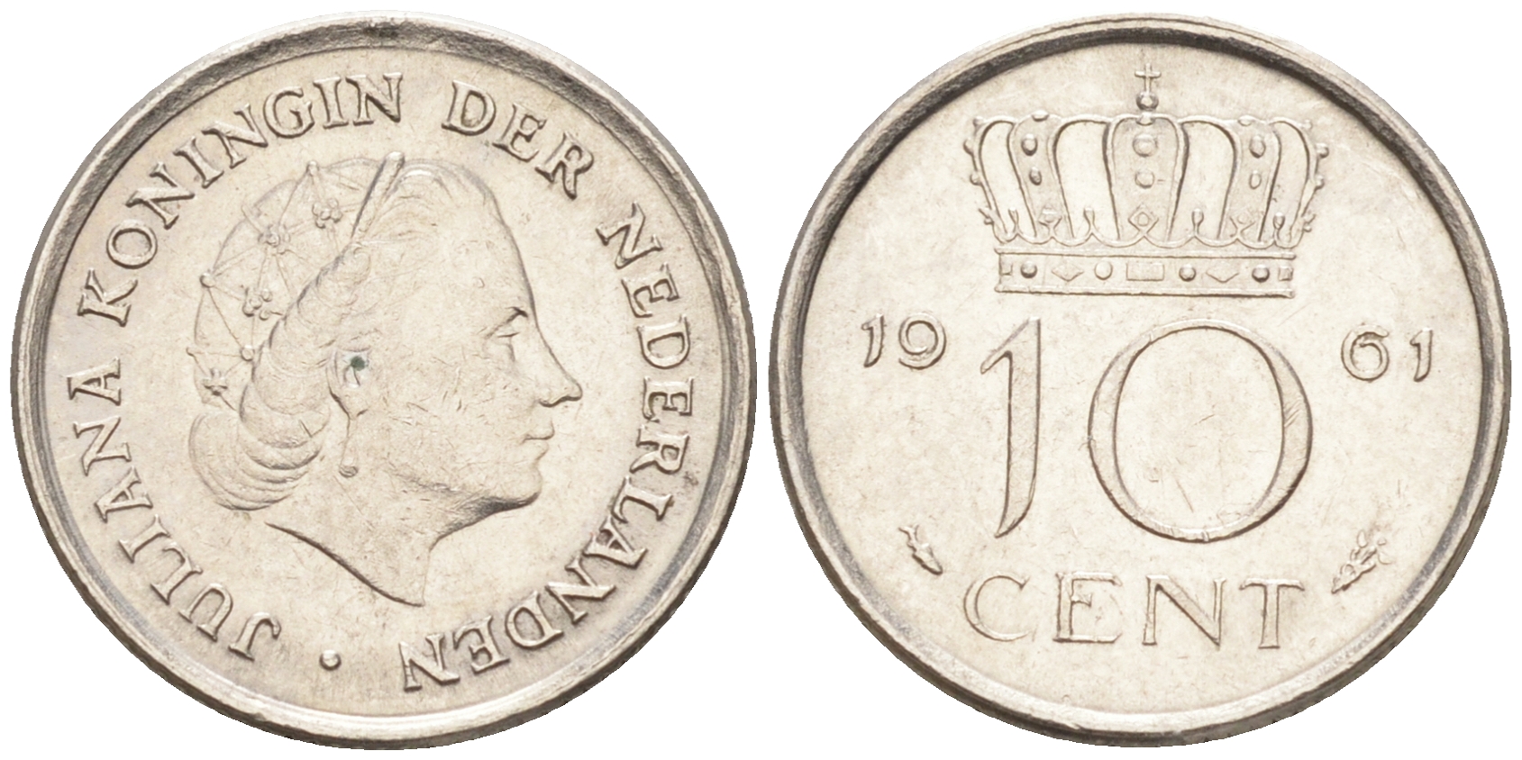 НИДЕРЛАНДЫ 10 ЦЕНТОВ 1961 ЮЛИАНА (1948-1980) KM 182 никель 188-1118