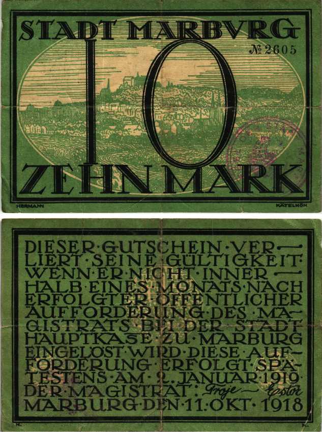 МАРБУРГ 10 МАРОК 1918 НОТГЕЛЬД, 11 ОКТЯБРЯ 1918 - 2 ЯНВАРЯ 1919, ЗЕМЛЯ ГЕССЕН Geiger 344.01a бумага 6300-35-2-1