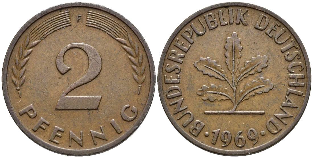 ФРГ 2 ПФЕННИГА 1969 F KM 106a, Jager 381a сталь плакированная сталь плакированная медьюю 4546-954