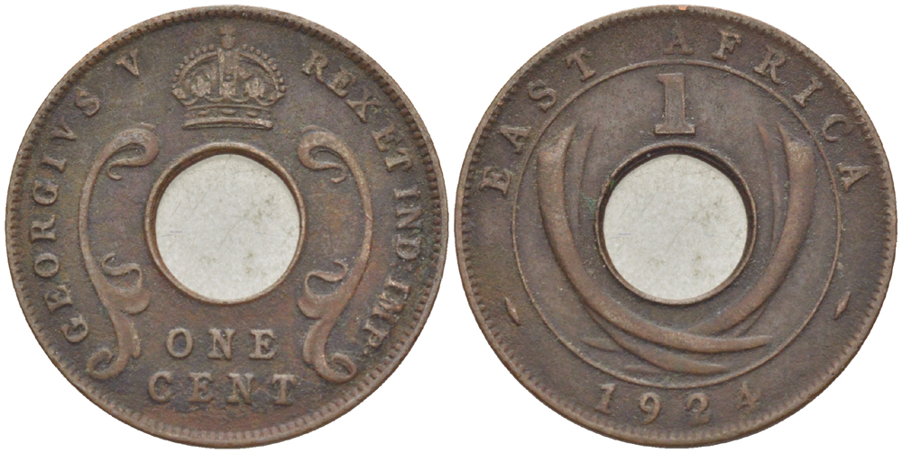 Британская Восточная Африка 1 цент 1924 Георг V (1910-1936) KM 22 бронза 110-756