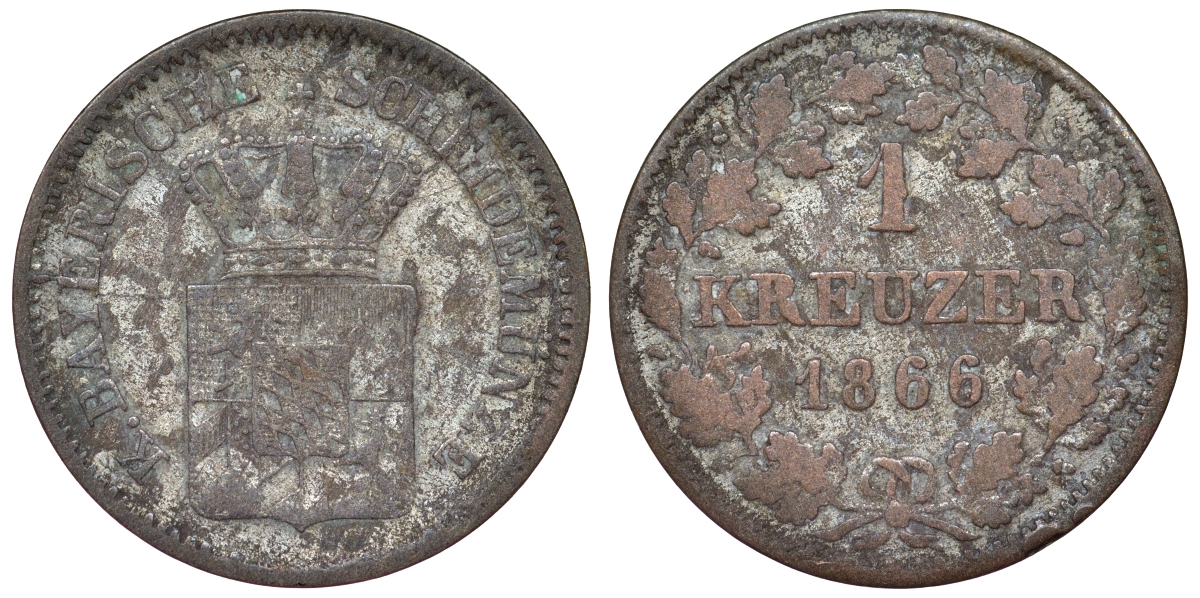 Бавария 1 крейцер 1866 Людвиг II (1864-1886) KM 487 серебро 71-1057