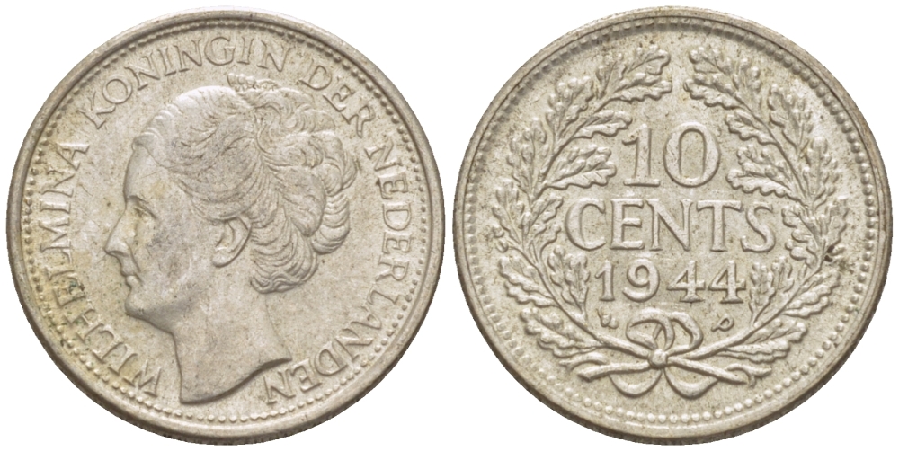 Нидерланды 10 центов 1944 Вильгельмина (1890-1948) KM 163 серебро aUNC 4392-445