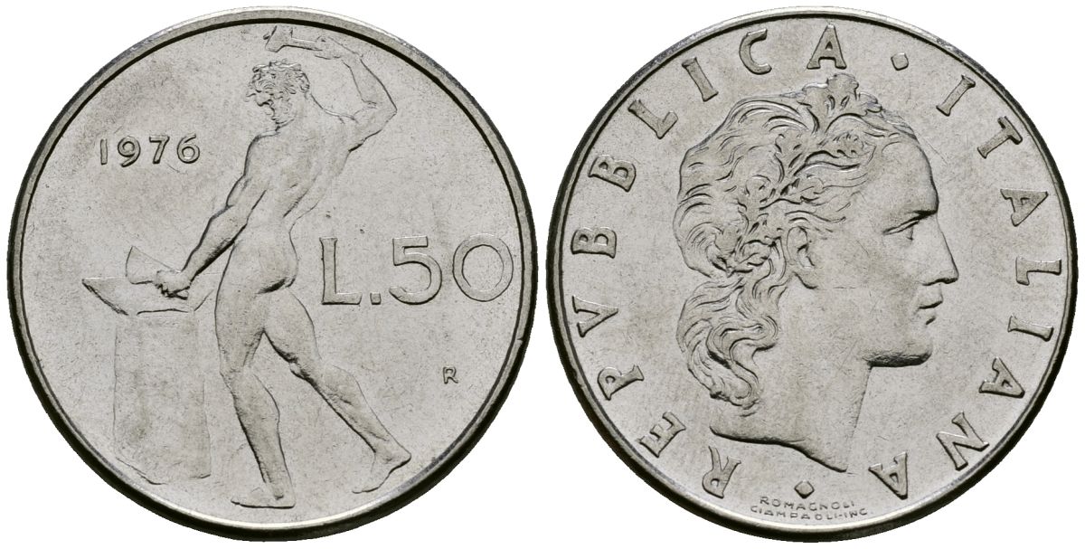 Италия 50 лир 1976 R, бог огня Вулкан у наковальни KM 95.1 нержавеющая сталь 4138-613