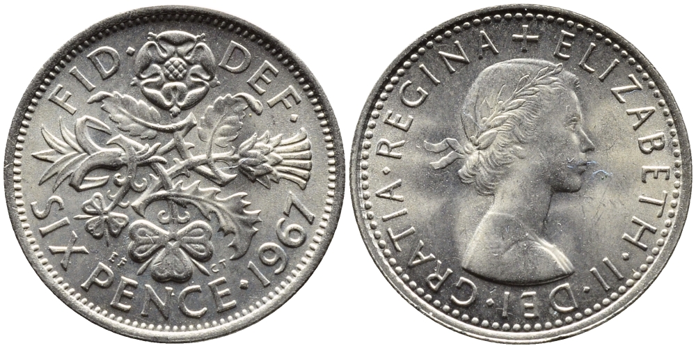 Великобритания 6 пенсов 1967 Елизавета II (1952-2022) KM 903, Spink 4149 медно-никель 4387-866