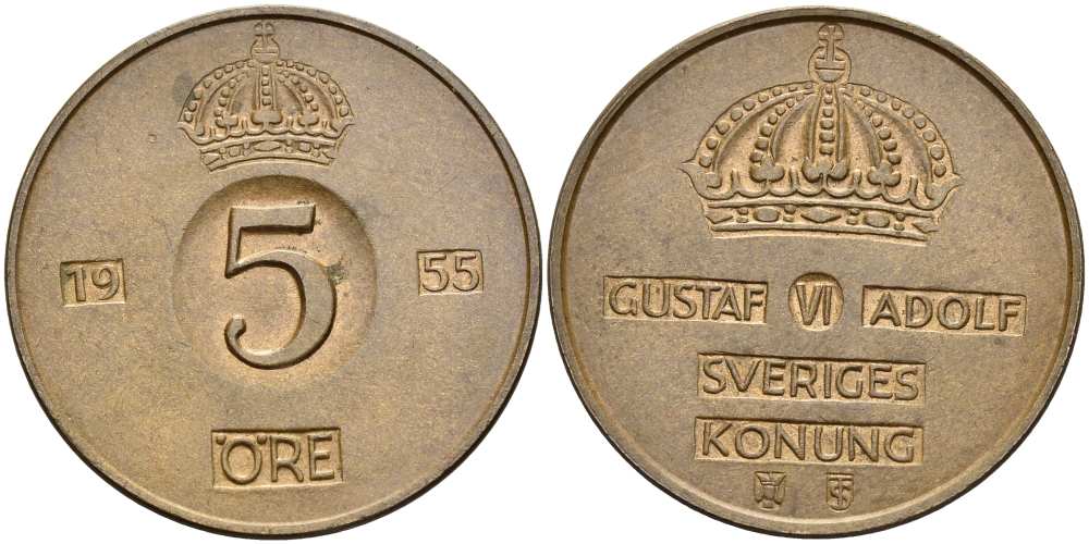 Швеция 5 эре 1955 TS, Густав VI Адольф (1950-1973) KM 822 бронза 4519-326