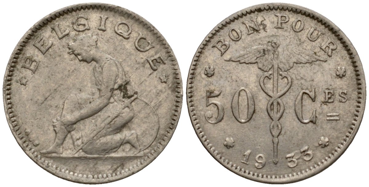 Бельгия 50 сантимов 1933 Belgique KM 87 никель 112-1158