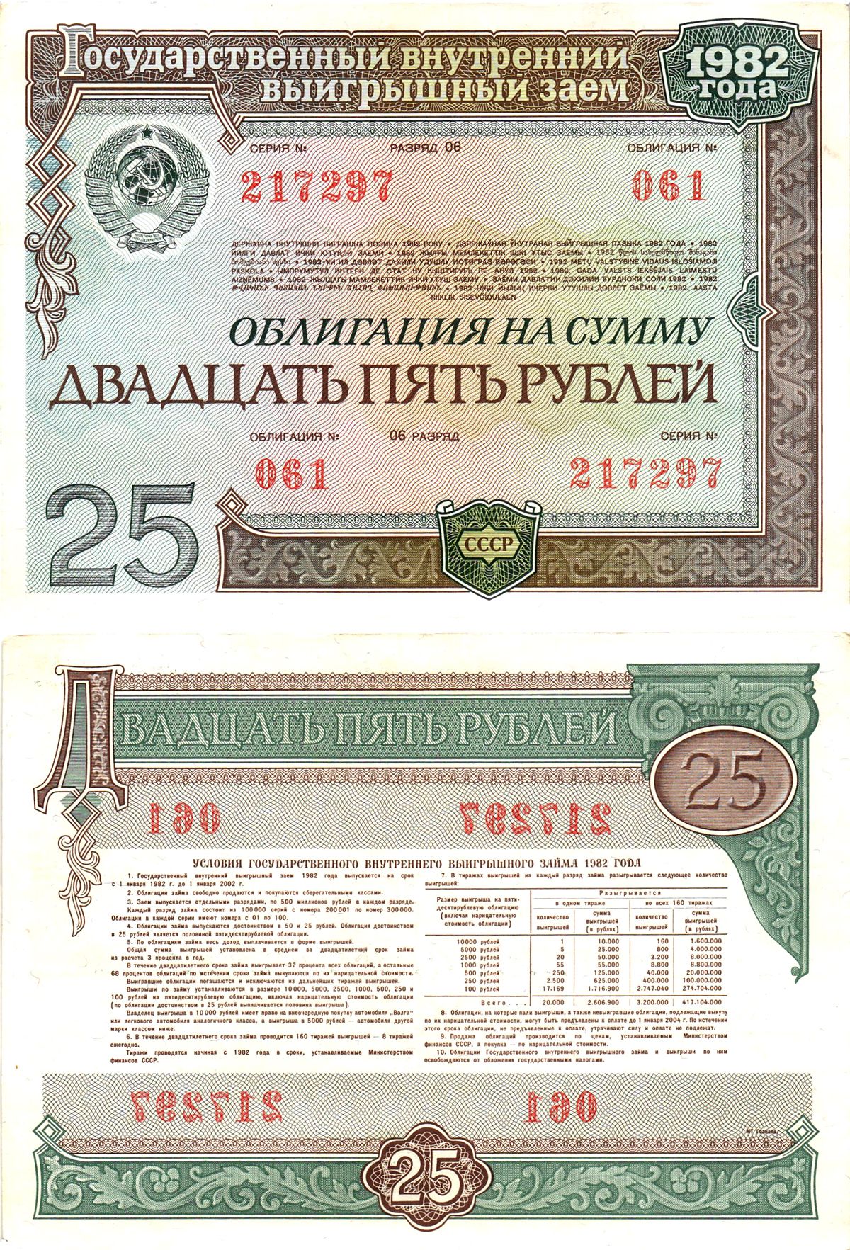 СССР облигация в 25 рублей 1982 государственный внутренний выигрышный заем, разряд 06   бумага   8609-49-2-2