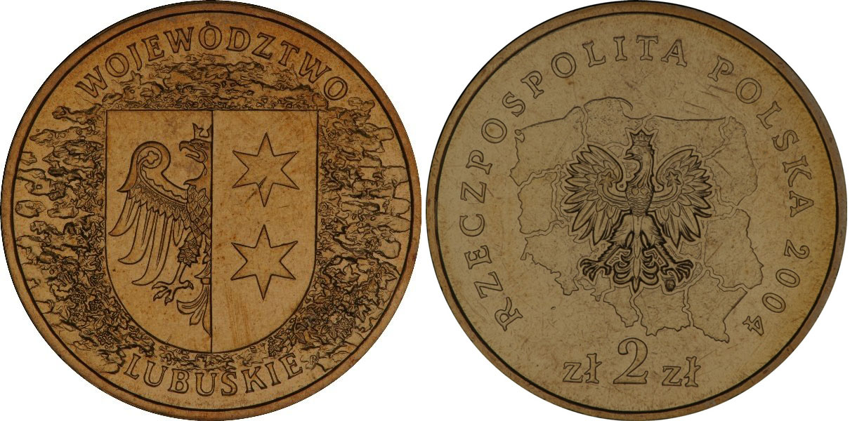 Польша 2 злотых 2004 MW, серия польские воеводства, Любушское воеводство KM 486 нордик  UNC  3457-121