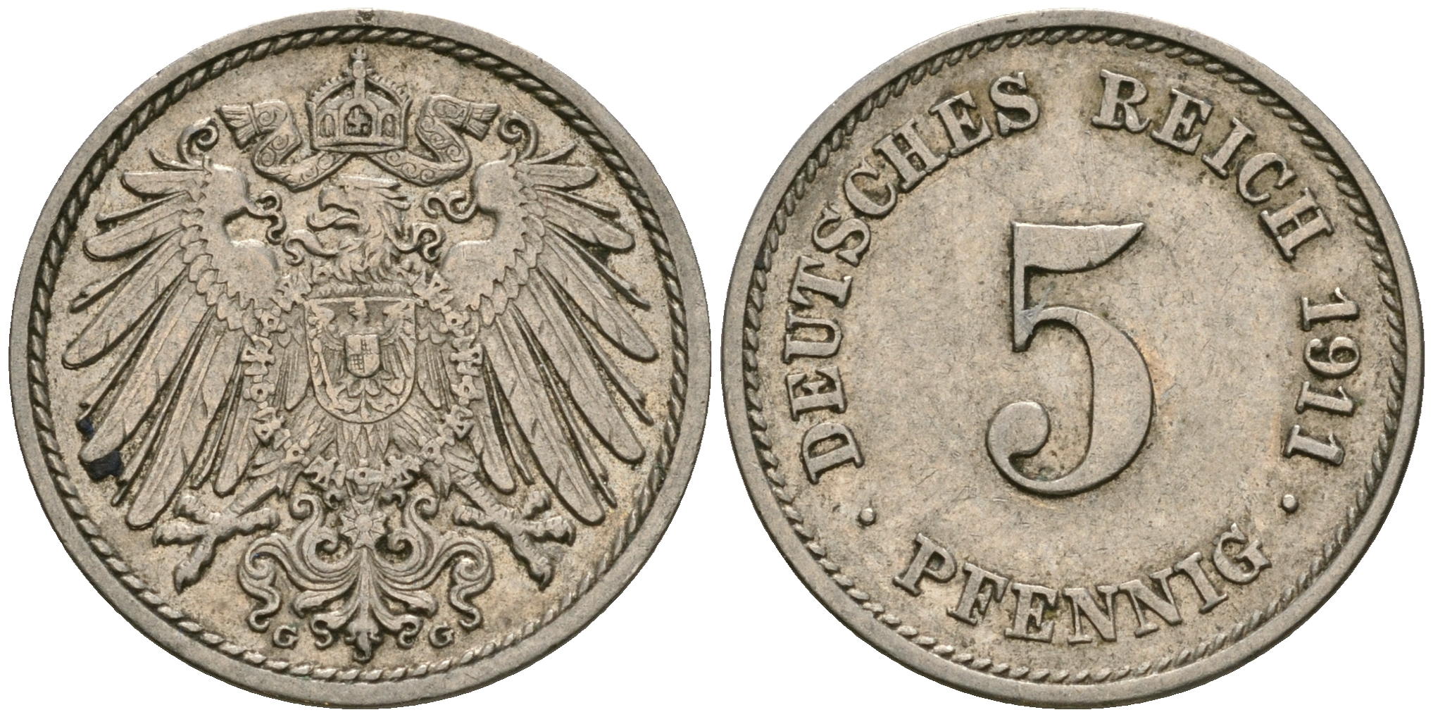 Германия 5 пфеннигов 1911 G KM 11, Jager 12, Weege 6 медно-никель 08-1454