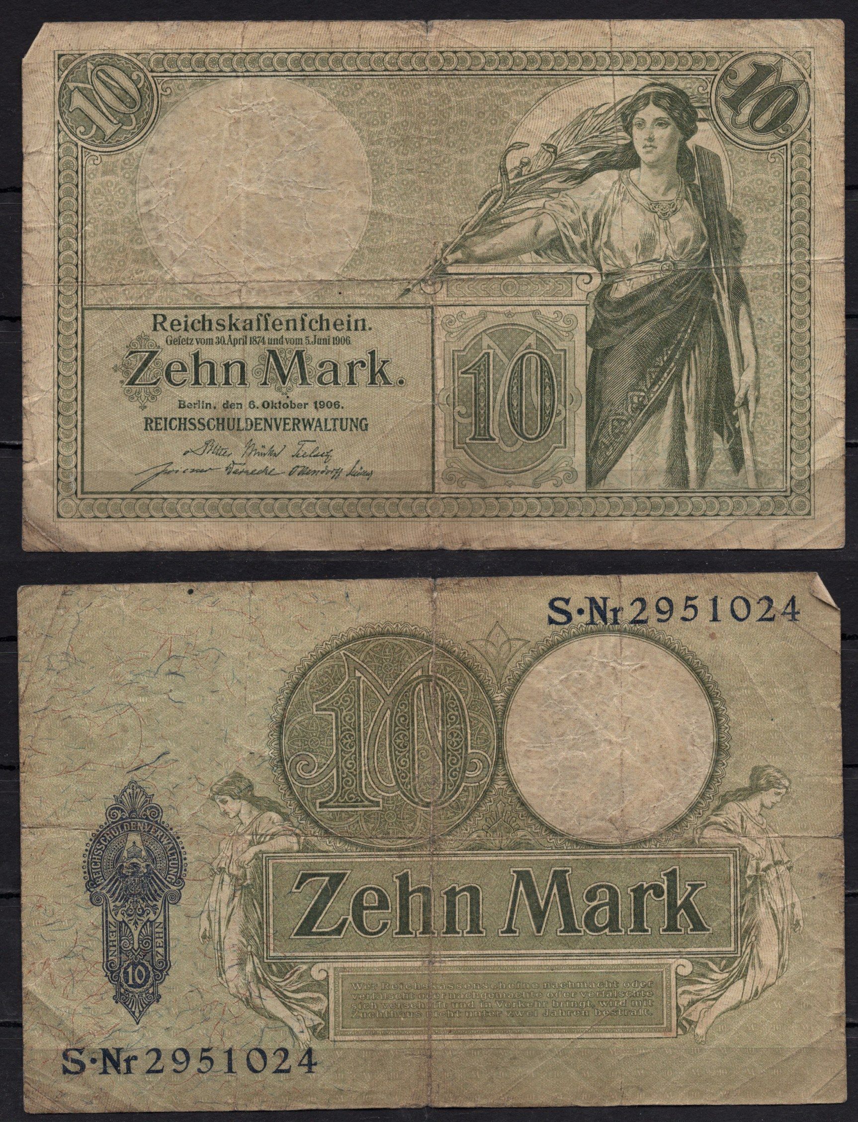 Германия 10 марок 1906 Женщина Pick 9b бумага 8602-12-3-2