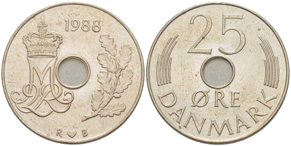 ДАНИЯ 25 ЭРЕ 1988 R; B, МАРГРЕТЕ II (1972-) KM 861.3 медно-никель 94-1033