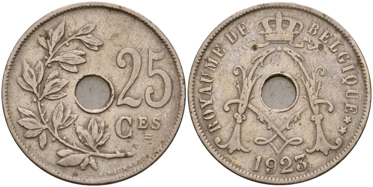 Бельгия 25 сантимов 1923 KM 68 медно-никель 4165-416