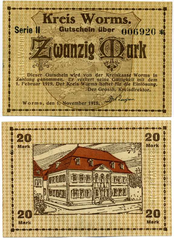 ВОРМС, ГЕРМАНИЯ 20 МАРОК 1918-1919 1 НОЯБРЯ 1918 - 1 ФЕВРАЛЯ 1919, НОТГЕЛЬД, ЗЕМЛЯ РЕЙЛЯНД-ПФАЛЬЦ, СЕРИЯ II, НОМЕР СО ЗВЁЗДОЧКОЙ Geiger 570.02а бумага аUNC 8613-17-2-2