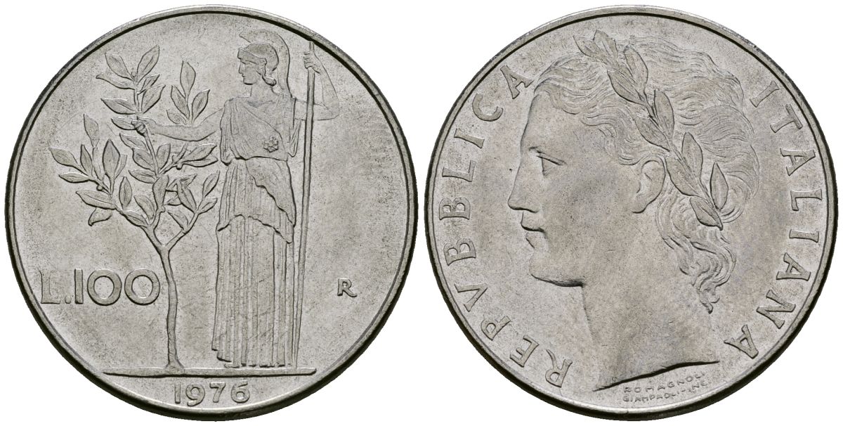 Италия 100 лир 1976 R, Афина у оливкого дерева KM 96.1 нержавеющая сталь 4137-231