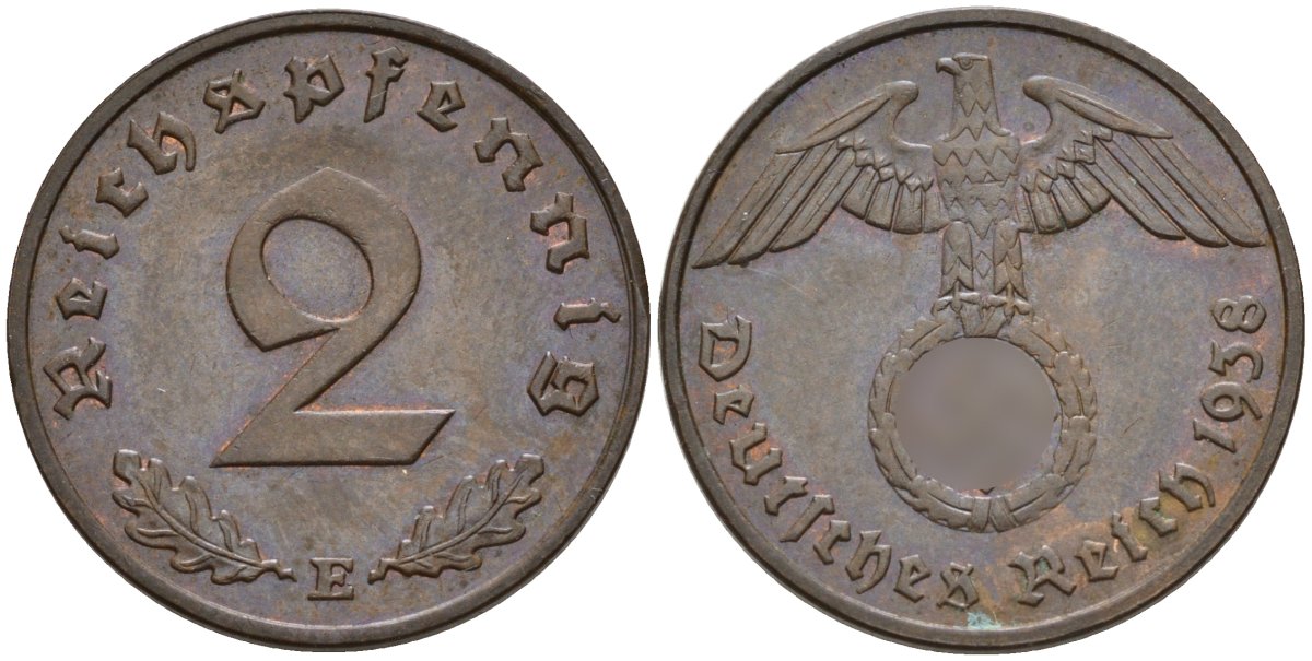 Германия 2 рейхспфеннига 1938 E KM 90, J. 362 бронза 4151-114