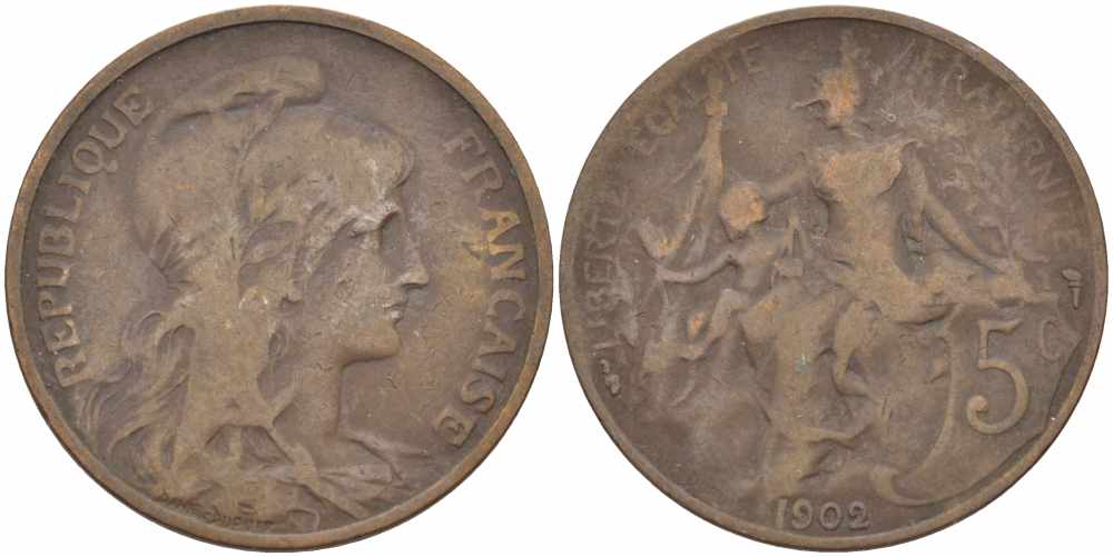 ФРАНЦИЯ 5 САНТИМОВ 1902 ТИП ДАНИЭЛЬ ДЮПЮИ KM 842, LE FRANC 119.12 бронза 108-836