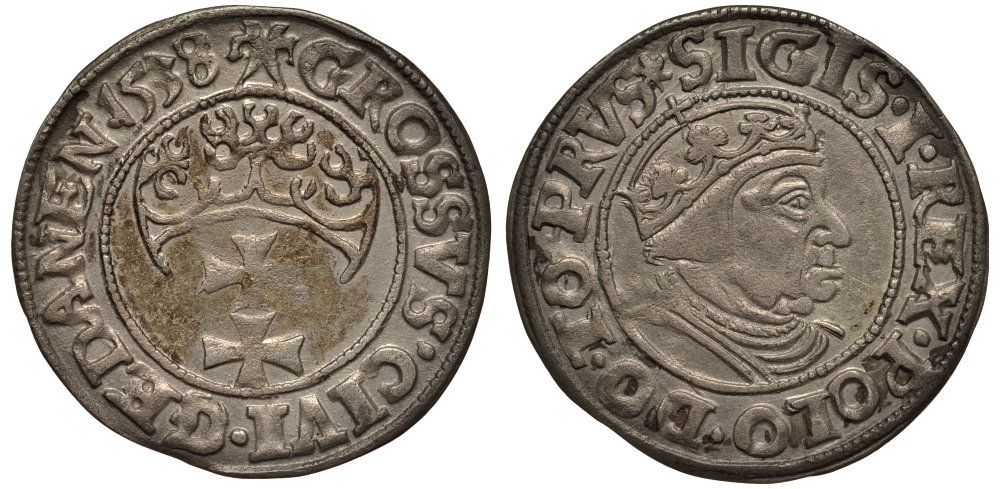 Данциг 1 грош 1538 Сигизмунд I Старый (1506-1548), вес 1,89 гр. серебро 1516-1434