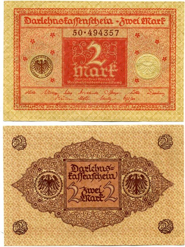 ГЕРМАНИЯ 2 МАРКИ 1920 1 МАРТА 1920, ВЕЙМАРСКАЯ РЕСПУБЛИКА, КРАСНАЯ, СЕРИЯ 50 Pick 59, Rosenberg 65b бумага 7523-7-2