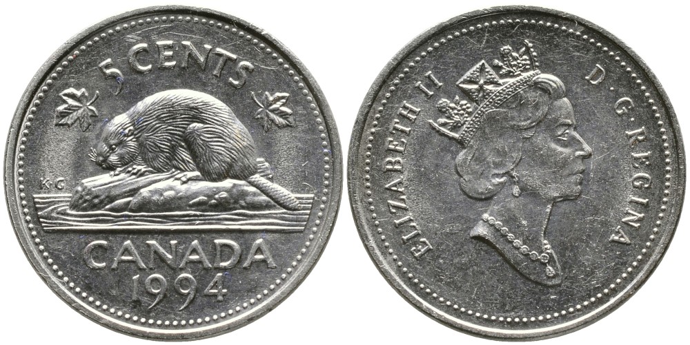 КАНАДА 5 ЦЕНТОВ 1994 ЕЛИЗАВЕТА II (1952-), БОБР, ТРЕТИЙ ПОРТРЕТ В КОРОНЕ KM 182 медно-никель 4543-713