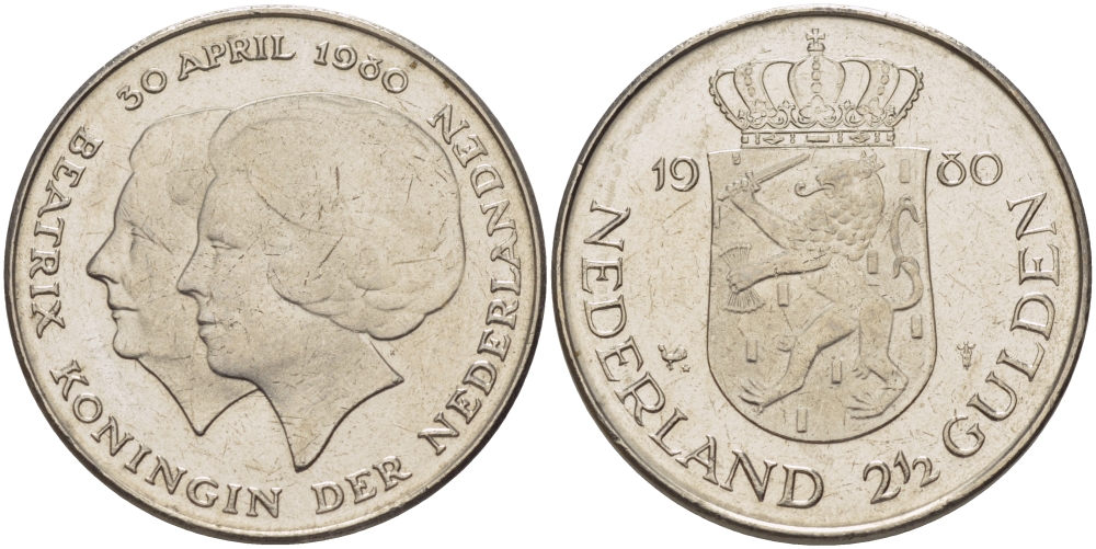 Нидерланды 2 1/2 гульдена 1980 коронация Беатрикс, 30 апреля 1980 KM 201 никель 38-125