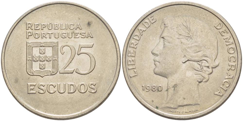 Португалия 25 эскудо 1980 первый год KM 607а медно-никель 4545-811