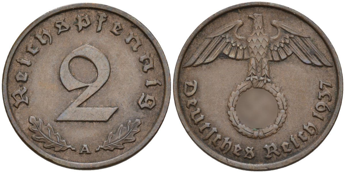 Германия 2 рейхспфеннига 1937 A KM 90, J. 362 бронза 4147-1252