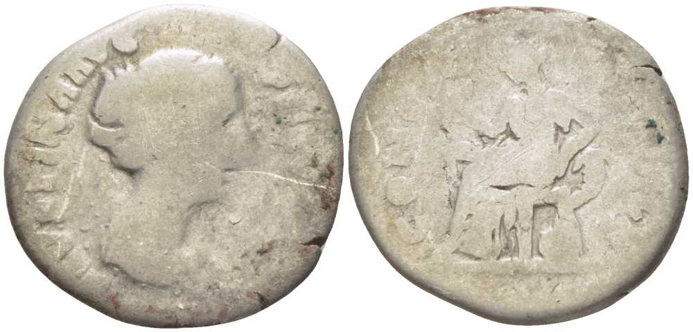 Римская Империя денарий 147 - 150 Фаустина Младшая, жена Марка Аврелия, FAVSTINA AVG PII AVG FIL / CONCORDIA, Рим, Very Good RIC 502a серебро 1073-6-14