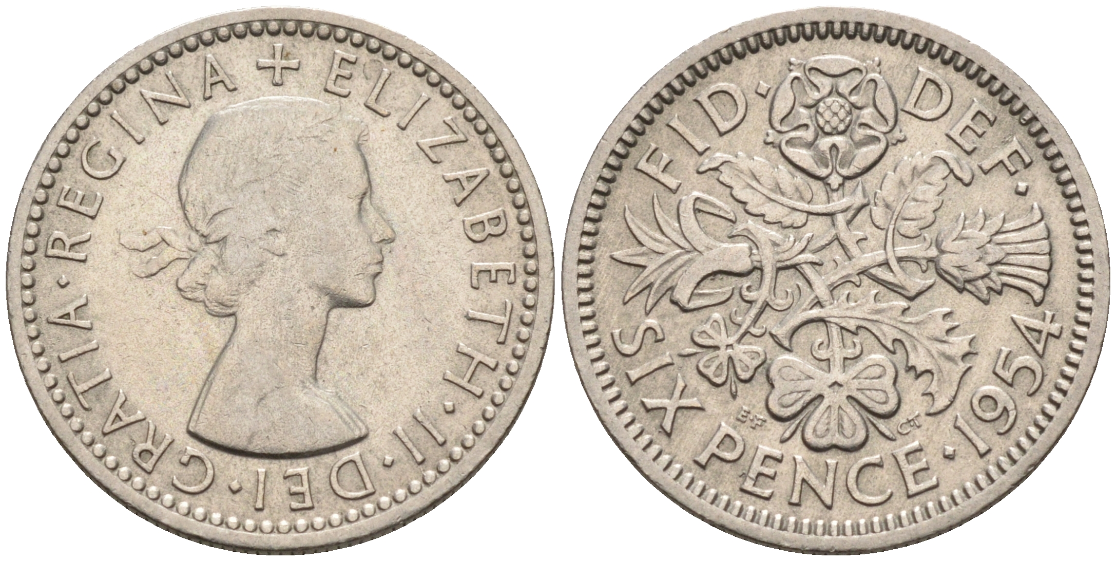 Великобритания 6 пенсов 1954 Елизавета II (1952-2022) KM 903, Spink 4149 медно-никель 4588-1233