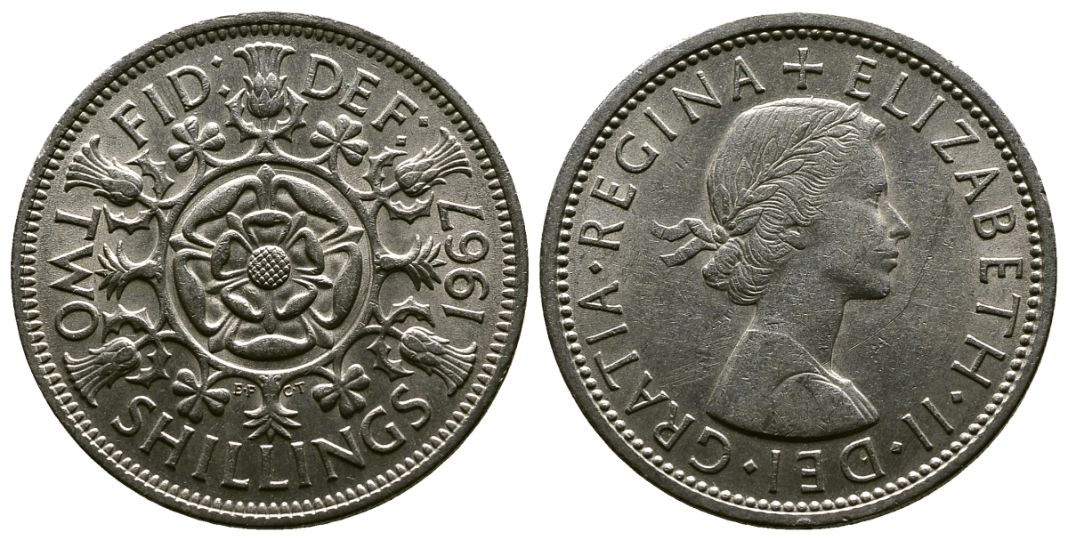 Великобритания 2 шиллинга (флорин) 1967 Елизавета II (1952-2022) KM 906, Spink 4146 медно-никель 4382-821