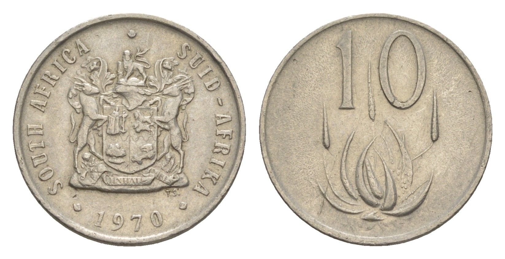 ЮАР 10 центов 1970 герб, цветок алоэ KM 85 никель 4621-831
