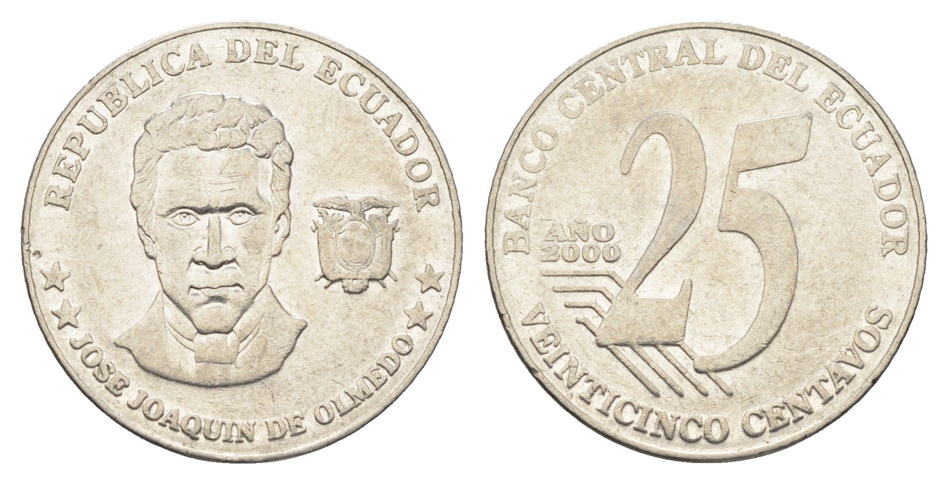 Эквадор 25 сентаво 2000 год-тип KM 107 нержавеющая сталь 4663-355