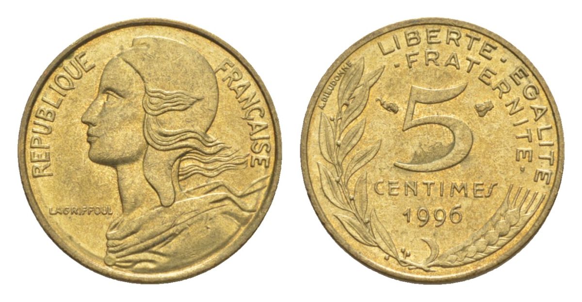 Франция 5 сантимов 1996 тип Morlon KM 933, Le Franc 125.38 алюминиевая бронза UNC 4630-351