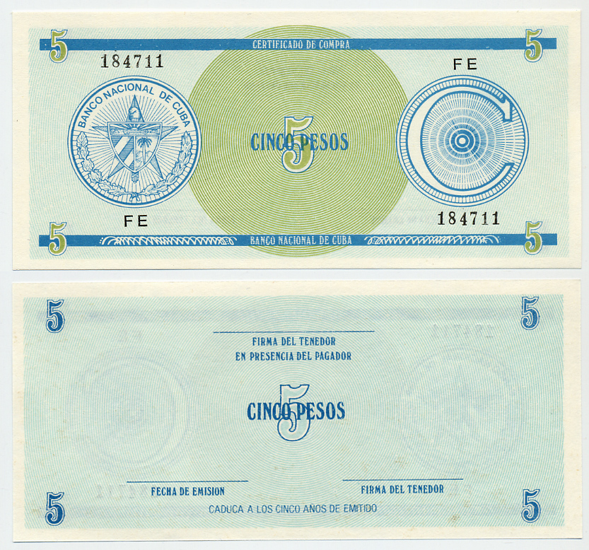 Куба, валютный сертификат 5 песо ND серия C, первый выпуск, голубая, черная серия Pick FX 13 (1) бумага UNC (пресс) 6293-43-3