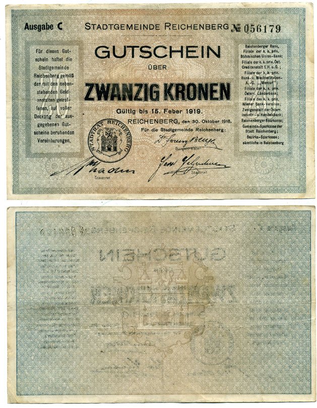 АВСТРИЯ, РИХЕНБЕРГ 20 КРОН 1919 НОТГЕЛЬД бумага 6278-33-3-1