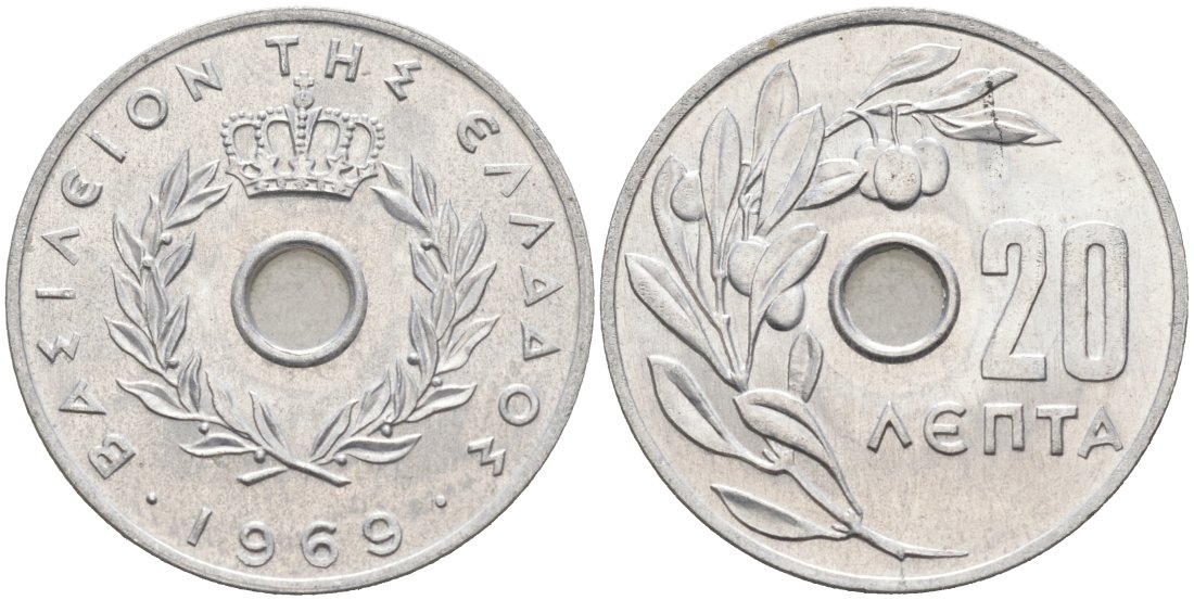 Греция 20 лепта 1969 Константин II (1964-1974), оливковая ветвь KM 79 алюминий 4571-424