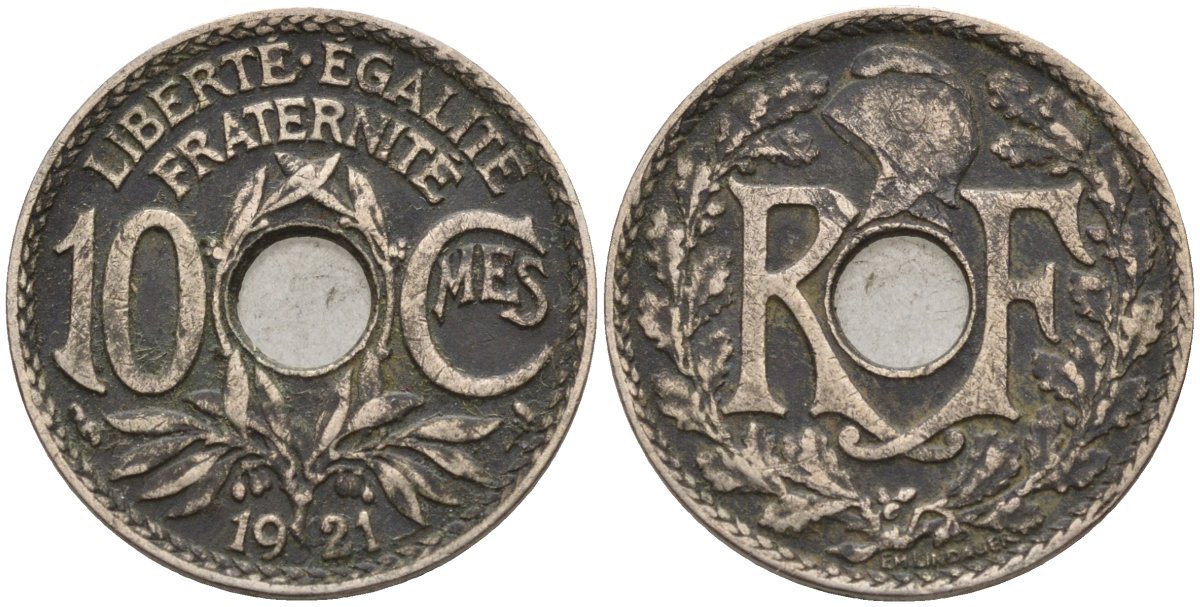 Франция 10 сантимов 1921 тип Линдайё KM 866a, Le Franc 138.3 медно-никель 4143-857