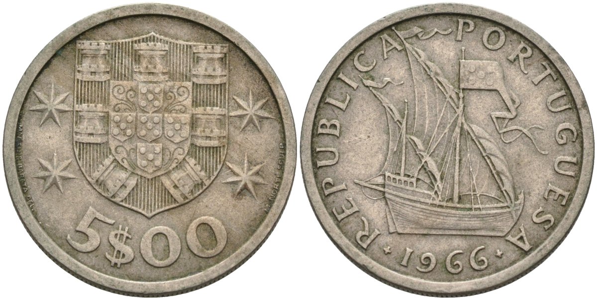 Португалия 5 эскудо 1966 Парусник KM 591 медно-никель 4575-234