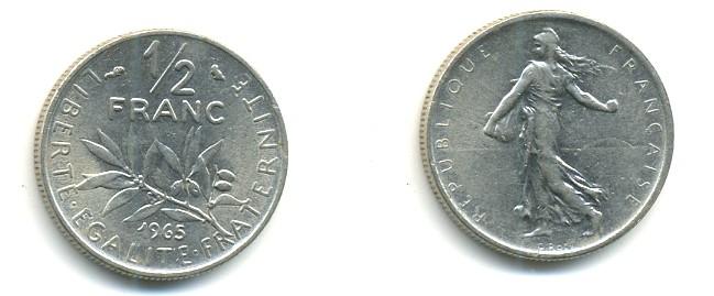Франция 1/2 франка 1965 сеятель KM 931, Le Franc 198.3 никель 25-724
